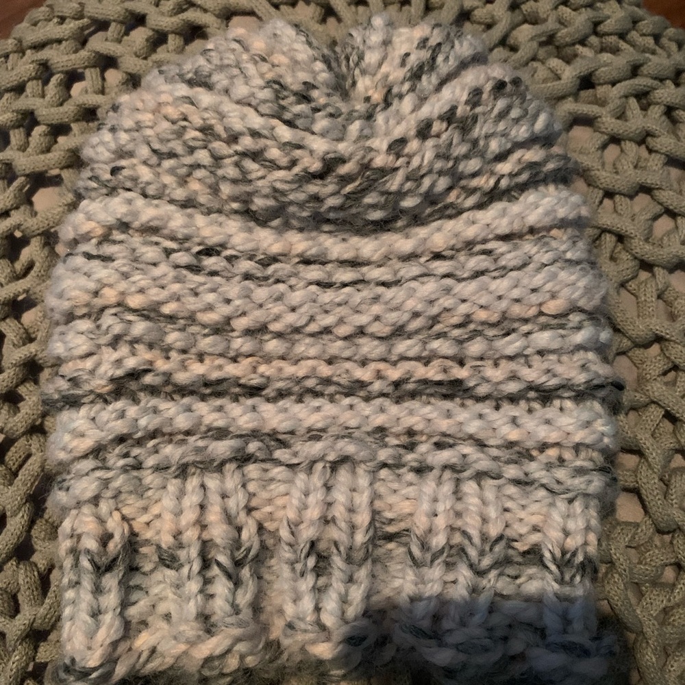 Kids blue hand knit beanie warm hat